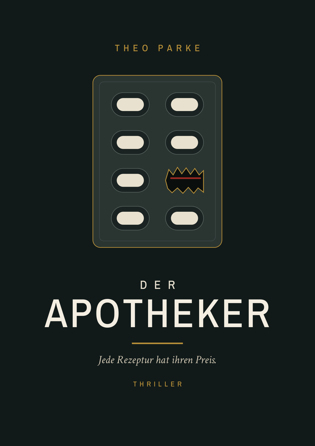 Umschlag „Der Apotheker“ von Theo Parke: ein Tablettenblister auf dunklem Grund, eine Kapsel ist aufgerissen